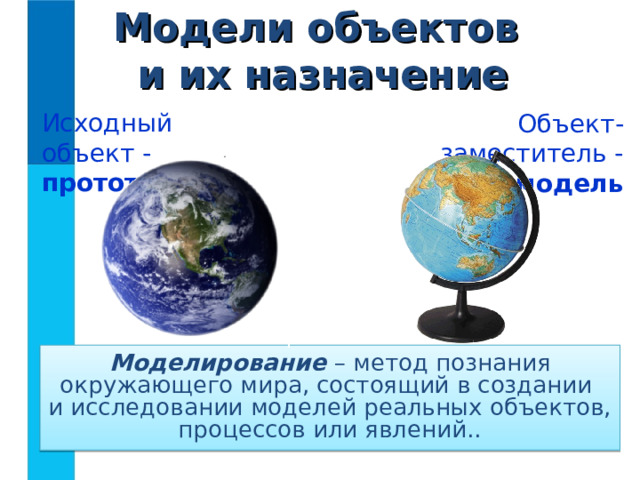 Модели объектов  и их назначение Исходный объект - прототип Объект-заместитель -  модель Моделирование  – метод познания окружающего мира, состоящий в создании  и исследовании моделей реальных объектов, процессов или явлений.. 