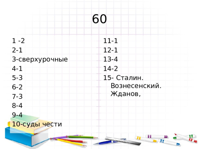 60 1 -2 11-1 2-1 12-1 3-сверхурочные 13-4 4-1 14-2 5-3 15- Сталин. Вознесенский. Жданов, 6-2 7-3 8-4 9-4 10-суды чести 
