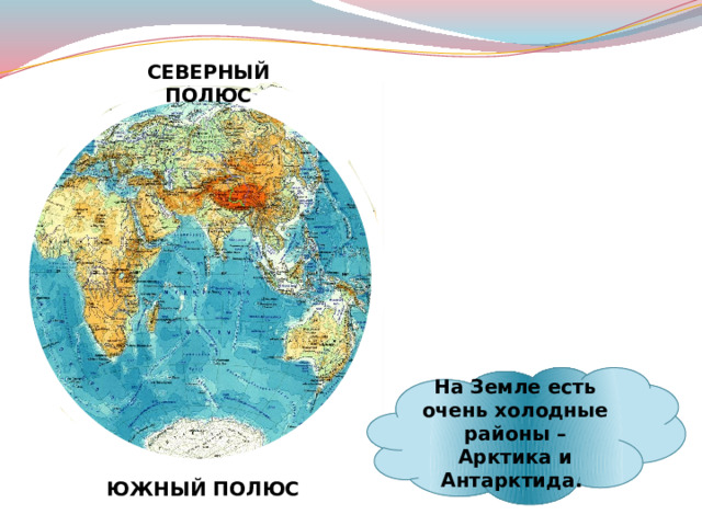 СЕВЕРНЫЙ ПОЛЮС На Земле есть очень холодные районы –Арктика и Антарктида. ЮЖНЫЙ ПОЛЮС 