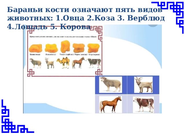 Бараньи кости означают пять видов животных: 1.Овца 2.Коза 3. Верблюд 4.Лошадь 5. Корова 
