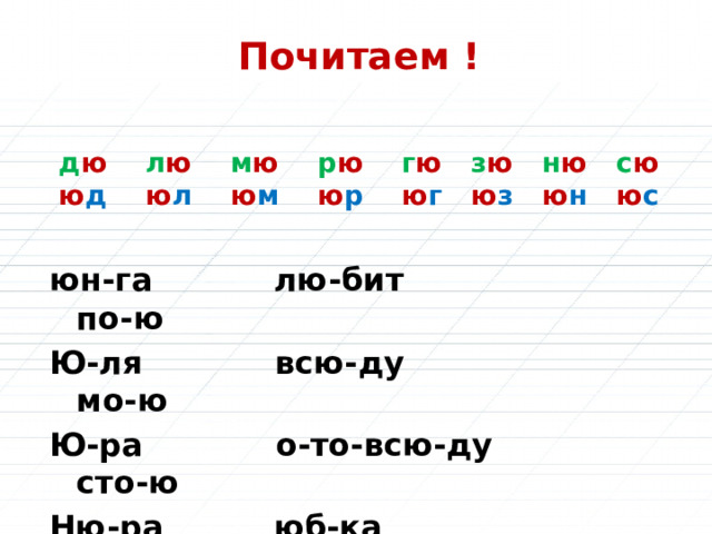 Почитаем ! д ю л ю м ю р ю г ю з ю н ю с ю  ю д ю л ю м ю р ю г ю з ю н ю с юн-га лю-бит по-ю Ю-ля всю-ду мо-ю Ю-ра о-то-всю-ду сто-ю Ню-ра юб-ка стро-ю юр-та рюк-зак по-ли-ва-ю 
