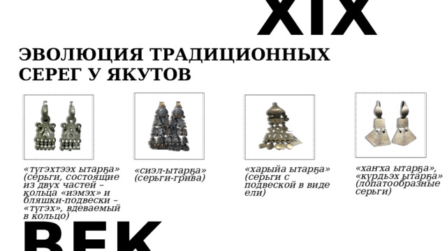 XIX ЭВОЛЮЦИЯ ТРАДИЦИОННЫХ СЕРЕГ У ЯКУТОВ «хаҥха ытарҕа», «күрдьэх ытарҕа» (л опатообразные с ерьги) «туораах  ытарҕа» «түгэхтээх ытарҕа» «харыйа ытарҕа» (серьги, состоящие из двух частей – кольца «иэмэх» и бляшки-подвески – «түгэх», вдеваемый в кольцо) (серьги с подвеской в виде ели) (бусинные серьги с металлическими подвесками на конце в виде штампованных пластинок) туораах  ытарҕа (бусинные серьги в форме знака вопроса) «иэмэх» (серьги-колечки без подвесок) «сиэл-ытарҕа» (серьги-грива) ВЕК 