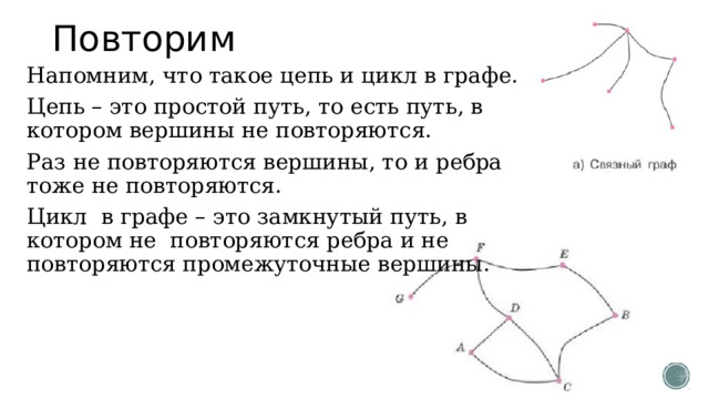 Повторим Напомним, что такое цепь и цикл в графе. Цепь – это простой путь, то есть путь, в котором вершины не повторяются. Раз не повторяются вершины, то и ребра тоже не повторяются. Цикл в графе – это замкнутый путь, в котором не повторяются ребра и не повторяются промежуточные вершины. 