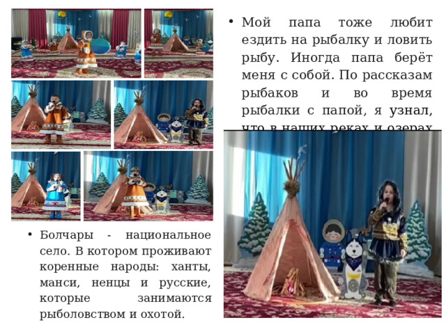 Мой папа тоже любит ездить на рыбалку и ловить рыбу. Иногда папа берёт меня с собой. По рассказам рыбаков и во время рыбалки с папой, я узнал, что в наших реках и озерах водится много рыбы. Болчары - национальное село. В котором проживают коренные народы: ханты, манси, ненцы и русские, которые занимаются рыболовством и охотой. 