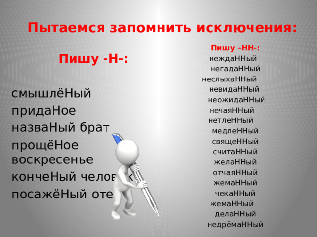 Пытаемся запомнить исключения: Пишу –НН-: неждаННый  негадаННый  неслыхаННый невидаННый  неожидаННый нечаяННый нетлеННый медлеННый свящеННый считаННый желаННый отчаяННый жемаННый чекаННый жемаННый делаННый недрёмаННый  Пишу -Н-:  смышлёНый придаНое назваНый брат прощёНое воскресенье кончеНый человек посажёНый отец 