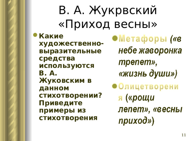 В. А. Жукрвский «Приход весны» Какие художественно-выразительные средства используются В. А. Жуковским в данном стихотворении? Приведите примеры из стихотворения Глазина Елена Александровна, учитель русского языка и литературы МОУ «СОШ № 62» г. Барнаул   