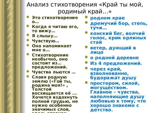 Анализ стихотворения «Край ты мой, родимый край…» родном крае дремучий бор, степь, тучи… конский бег, волчий голос, крик орлиных стай ветер, дующий в лицо о родной деревне Из 4 предложений. через край, взволнованно, будоражат душу простором, силой, могуществом. Главное – чувства, наполняющие душу любовью к тому, что хорошо знакомо с детства. Это стихотворение о… Когда я читаю его, то вижу… Я слышу… Чувствую… Оно напоминает мне о… Стихотворение необычно, оно состоит из… предложений. Чувства льются … Славя родную землю («Гой ты, родина моя!» , Толстой восхищается её ... Хочется вздохнуть полной грудью, не нужно особенно значимых слов, здесь главное – … 