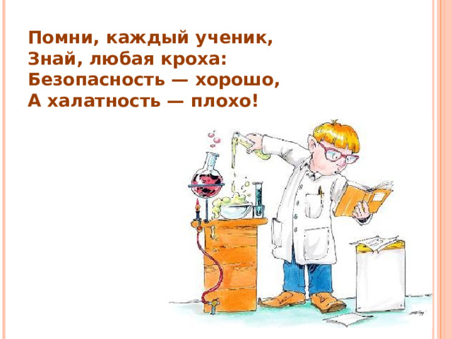 Помни, каждый ученик,  Знай, любая кроха:  Безопасность — хорошо,  А халатность — плохо! 