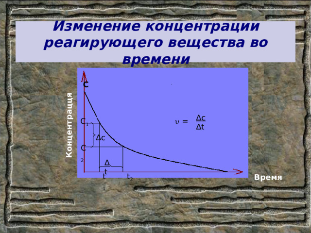 Концентрацця Изменение концентрации реагирующего вещества во времени С ∆ c ∆ t С 1   = ∆ c С 2 ∆ t t 2 t 1 Время 