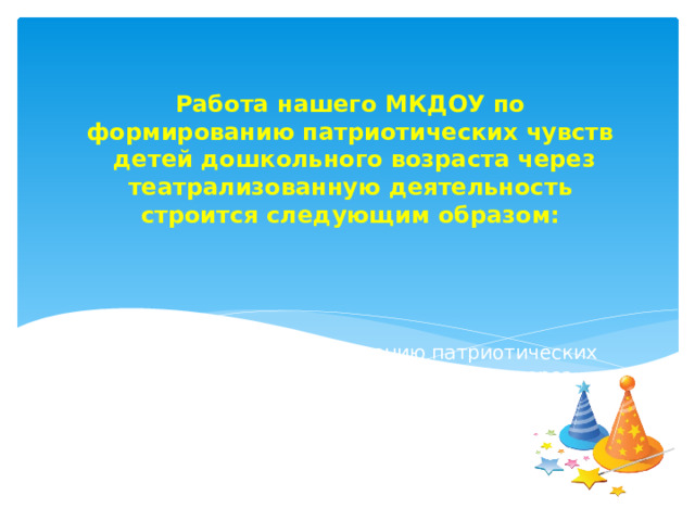 Работа нашего МКДОУ по формированию патриотических чувств  детей дошкольного возраста через театрализованную деятельность строится следующим образом:     шего МКДОУ по формированию патриотических чувств детей дошкольного возраста через театрализованную деятельность строится следующим образом: 