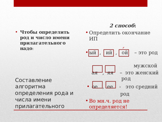    2 способ : Определить окончание ИП ый , ий , ой – это род  мужской  ая , яя – это женский род ое , ее - это средний род Во мн.ч. род не определяется! Чтобы определить род и число имени прилагательного надо : Составление алгоритма определения рода и числа имени прилагательного 