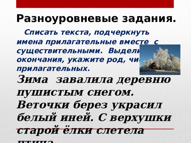Разноуровневые задания. Списать текста, подчеркнуть имена прилагательные вместе с существительными. Выделите окончания, укажите род, число имен прилагательных. Зима завалила деревню пушистым снегом. Веточки берез украсил белый иней. С верхушки старой ёлки слетела птица.   