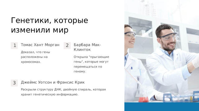 Генетики, которые изменили мир Томас Хант Морган Барбара Мак-Клинток 1 2 Доказал, что гены расположены на хромосомах. Открыла 