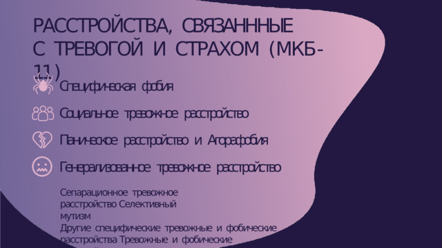 РАССТРОЙСТВА,  СВЯЗАНННЫЕ  С  ТРЕВОГОЙ  И  СТРАХОМ  ( МКБ - 11 ) Специфическая  фобия Социальное  тревожное  расстройство Паническое  расстройство  и  Агорафобия Генерализованное  тревожное  расстройство Сепарационное  тревожное  расстройство Селективный  мутизм Другие  специфические  тревожные  и  фобические  расстройства Тревожные  и  фобические  расстройства  неуточненные 