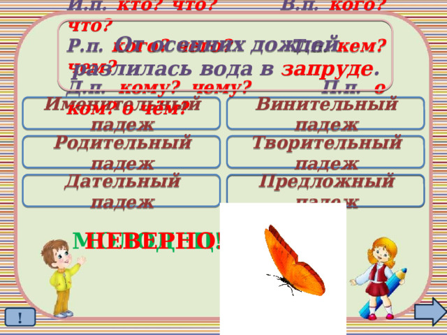 От осенних дождей разлилась вода в запруде . И.п. кто? что? В.п. кого? что? Р.п. кого? чего? Т.п. кем? чем? Д.п. кому? чему? П.п. о ком? о чём? Именительный падеж Винительный падеж Родительный падеж Творительный падеж Дательный падеж Предложный падеж  МОЛОДЕЦ! НЕВЕРНО! ! 
