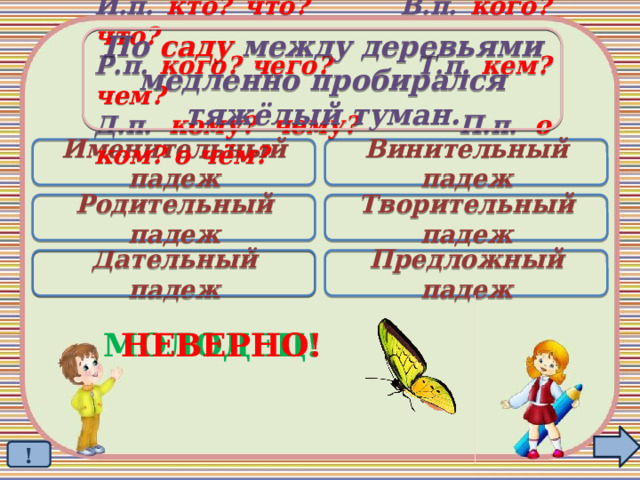 По саду между деревьями медленно пробирался тяжёлый туман. И.п. кто? что? В.п. кого? что? Р.п. кого? чего? Т.п. кем? чем? Д.п. кому? чему? П.п. о ком? о чём? Именительный падеж Винительный падеж Родительный падеж Творительный падеж Дательный падеж Предложный падеж  МОЛОДЕЦ! НЕВЕРНО! ! 