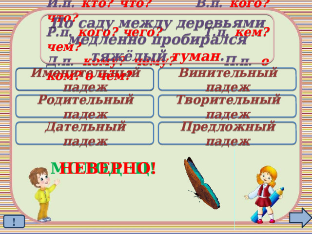 По саду  между деревьями медленно пробирался тяжёлый туман . И.п. кто? что? В.п. кого? что? Р.п. кого? чего? Т.п. кем? чем? Д.п. кому? чему? П.п. о ком? о чём? Именительный падеж Винительный падеж  Родительный падеж Творительный падеж Дательный падеж Предложный падеж МОЛОДЕЦ! НЕВЕРНО! ! 