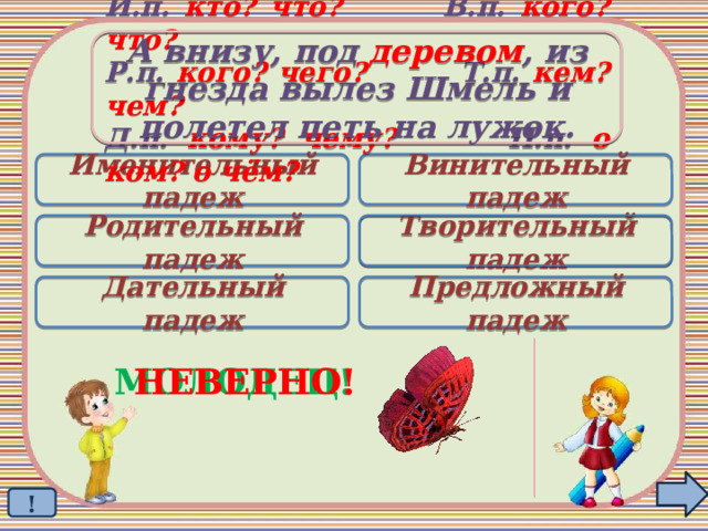 А внизу, под деревом , из гнезда вылез Шмель и полетел петь на лужок. И.п. кто? что? В.п. кого? что? Р.п. кого? чего? Т.п. кем? чем? Д.п. кому? чему? П.п. о ком? о чём? Именительный падеж Винительный падеж Родительный падеж Творительный падеж  Дательный падеж Предложный падеж МОЛОДЕЦ! НЕВЕРНО! ! 