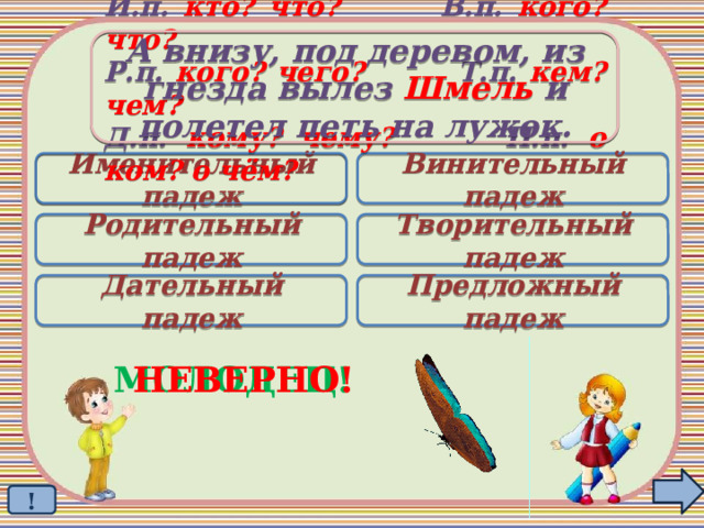 А внизу, под деревом, из гнезда вылез Шмель и полетел петь на лужок. И.п. кто? что? В.п. кого? что? Р.п. кого? чего? Т.п. кем? чем? Д.п. кому? чему? П.п. о ком? о чём? Именительный падеж Винительный падеж  Родительный падеж Творительный падеж Дательный падеж Предложный падеж МОЛОДЕЦ! НЕВЕРНО! ! 