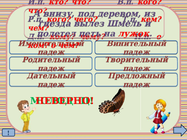 А внизу, под деревом, из гнезда вылез Шмель и полетел петь на лужок . И.п. кто? что? В.п. кого? что? Р.п. кого? чего? Т.п. кем? чем? Д.п. кому? чему? П.п. о ком? о чём? Именительный падеж Винительный падеж  Родительный падеж Творительный падеж Дательный падеж Предложный падеж МОЛОДЕЦ! НЕВЕРНО! ! 
