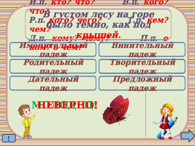 В густом лесу на горе было темно, как под крышей . И.п. кто? что? В.п. кого? что? Р.п. кого? чего? Т.п. кем? чем? Д.п. кому? чему? П.п. о ком? о чём? Именительный падеж Винительный падеж Родительный падеж Творительный падеж  Дательный падеж Предложный падеж МОЛОДЕЦ! НЕВЕРНО! ! 
