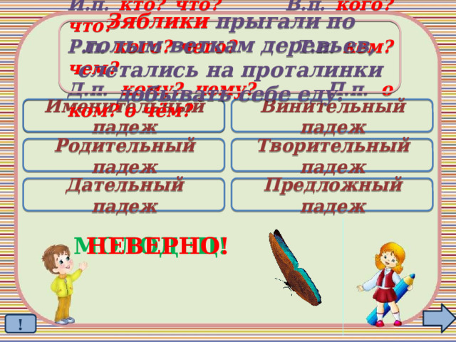 Зяблики прыгали по голым веткам деревьев, слетались на проталинки добывать себе еду. И.п. кто? что? В.п. кого? что? Р.п. кого? чего? Т.п. кем? чем? Д.п. кому? чему? П.п. о ком? о чём? Именительный падеж Винительный падеж  Родительный падеж Творительный падеж Дательный падеж Предложный падеж МОЛОДЕЦ! НЕВЕРНО! ! 