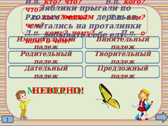 Зяблики прыгали по голым веткам деревьев, слетались на проталинки добывать себе еду. И.п. кто? что? В.п. кого? что? Р.п. кого? чего? Т.п. кем? чем? Д.п. кому? чему? П.п. о ком? о чём? Именительный падеж Винительный падеж Родительный падеж Творительный падеж Дательный падеж Предложный падеж  МОЛОДЕЦ! НЕВЕРНО! ! 