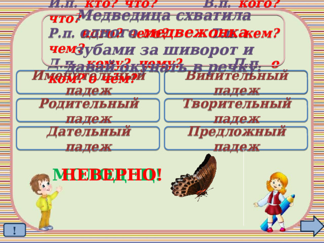Медведица схватила одного медвежонка зубами за шиворот и давай окунать в речку. И.п. кто? что? В.п. кого? что? Р.п. кого? чего? Т.п. кем? чем? Д.п. кому? чему? П.п. о ком? о чём? Именительный падеж Винительный падеж  Родительный падеж Творительный падеж Дательный падеж Предложный падеж МОЛОДЕЦ! НЕВЕРНО! ! 