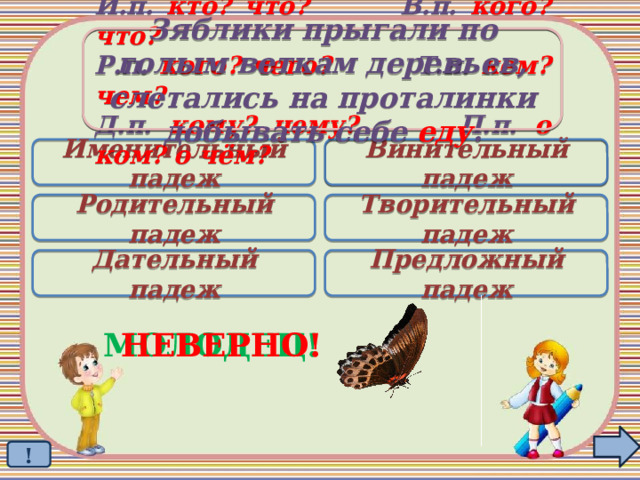 Зяблики прыгали по голым веткам деревьев, слетались на проталинки добывать себе еду . И.п. кто? что? В.п. кого? что? Р.п. кого? чего? Т.п. кем? чем? Д.п. кому? чему? П.п. о ком? о чём? Именительный падеж Винительный падеж  Родительный падеж Творительный падеж Дательный падеж Предложный падеж МОЛОДЕЦ! НЕВЕРНО! ! 