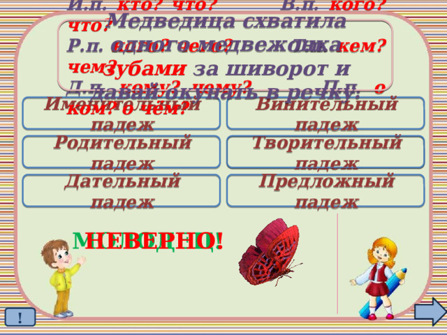Медведица схватила одного медвежонка зубами за шиворот и давай окунать в речку. И.п. кто? что? В.п. кого? что? Р.п. кого? чего? Т.п. кем? чем? Д.п. кому? чему? П.п. о ком? о чём? Именительный падеж Винительный падеж Родительный падеж Творительный падеж  Дательный падеж Предложный падеж МОЛОДЕЦ! НЕВЕРНО! ! 