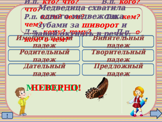 Медведица схватила одного медвежонка  зубами за шиворот и давай окунать в речку. И.п. кто? что? В.п. кого? что? Р.п. кого? чего? Т.п. кем? чем? Д.п. кому? чему? П.п. о ком? о чём? Именительный падеж Винительный падеж  Родительный падеж Творительный падеж Дательный падеж Предложный падеж МОЛОДЕЦ! НЕВЕРНО! ! 