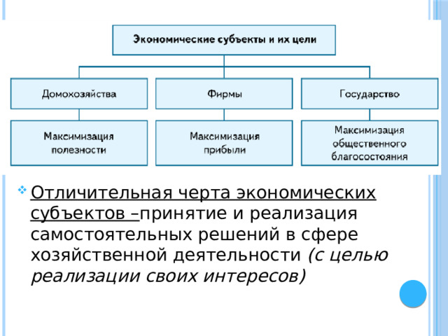 Отличительная черта экономических субъектов – принятие и реализация самостоятельных решений в сфере хозяйственной деятельности (с целью реализации своих интересов) 