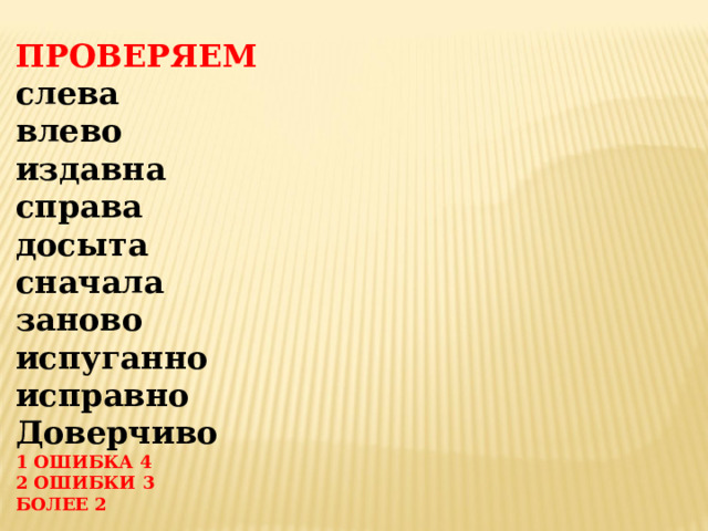ПРОВЕРЯЕМ слева влево издавна справа досыта сначала заново испуганно исправно  Доверчиво 1  ОШИБКА 4 2 ОШИБКИ 3 БОЛЕЕ 2  