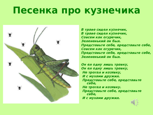 Песенка про кузнечика В траве сидел кузнечик, В траве сидел кузнечик, Совсем как огуречик, Зелененький он был. Представьте себе, представьте себе, Совсем как огуречик, Представьте себе, представьте себе, Зелененький он был.  Он ел одну лишь травку, Он ел одну лишь травку,  Не трогал и козявку,  И с мухами дружил.  Представьте себе, представьте себе,  Не трогал и козявку.  Представьте себе, представьте себе,  И с мухами дружил. 