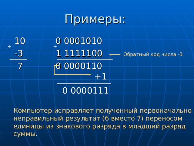 Примеры:  10 0 0001010  -3 1 1111100  7 0 0000110 + + Обратный код числа -3 +1 0 0000111 Компьютер исправляет полученный первоначально неправильный результат (6 вместо 7) переносом единицы из знакового разряда в младший разряд суммы. 