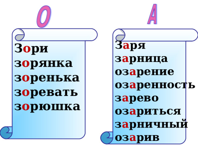 З о ри з о рянка з о ренька з о ревать з о рюшка      З а ря з а рница оз а рение оз а ренность з а рево оз а риться з а рничный оз а рив   
