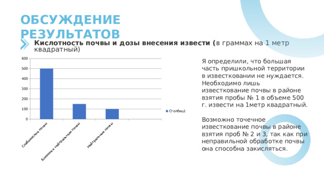 ОБСУЖДЕНИЕ РЕЗУЛЬТАТОВ Кислотность почвы и дозы внесения извести ( в граммах на 1 метр квадратный) Я определили, что большая часть пришкольной территории в известковании не нуждается. Необходимо лишь известкование почвы в районе взятия пробы № 1 в объеме 500 г. извести на 1метр квадратный. Возможно точечное известкование почвы в районе взятия проб № 2 и 3, так как при неправильной обработке почвы она способна закисляться. 