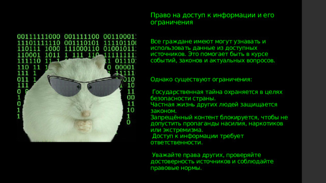 Право на доступ к информации и его ограничения    Все граждане имеют могут узнавать и использовать данные из доступных источников. Это помогает быть в курсе событий, законов и актуальных вопросов.    Однако существуют ограничения:   Государственная тайна охраняется в целях безопасности страны.  Частная жизнь других людей защищается законом.  Запрещённый контент блокируется, чтобы не допустить пропаганды насилия, наркотиков или экстремизма.  Доступ к информации требует ответственности.   Уважайте права других, проверяйте достоверность источников и соблюдайте правовые нормы. 