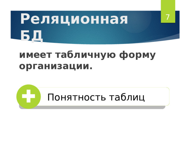 5 Реляционная БД имеет табличную форму организации. Понятность таблиц 