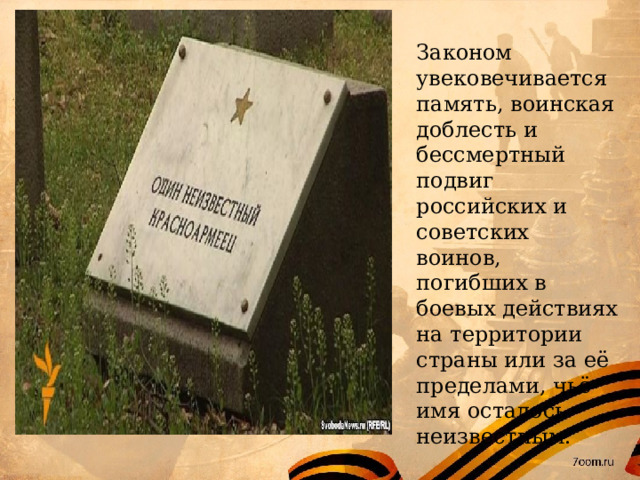 Законом увековечивается память, воинская доблесть и бессмертный подвиг российских и советских воинов, погибших в боевых действиях на территории страны или за её пределами, чьё имя осталось неизвестным. 