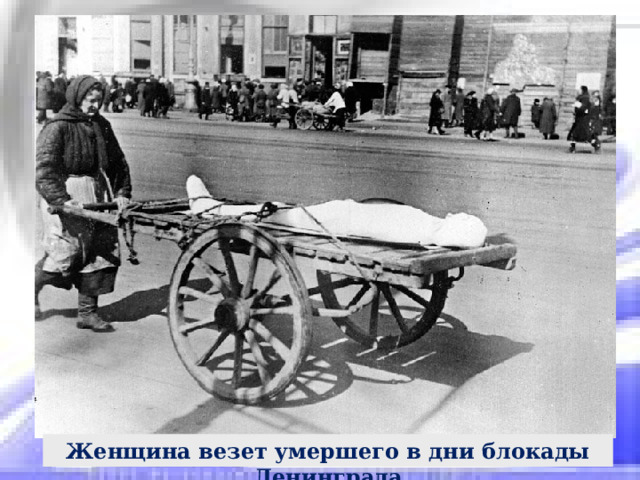 Женщина везет умершего в дни блокады Ленинграда 