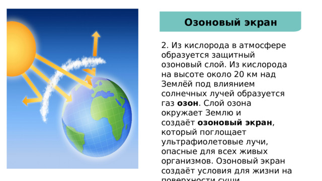 Озоновый экран 2. Из кислорода в атмосфере образуется защитный озоновый слой. Из кислорода на высоте   около   20 км над Землёй под влиянием солнечных лучей   образуется газ   озон . Слой озона окружает   Землю и создаёт   озоновый экран , который   поглощает ультрафиолетовые лучи, опасные для всех живых организмов. Озоновый экран создаёт условия для жизни на поверхности суши. 