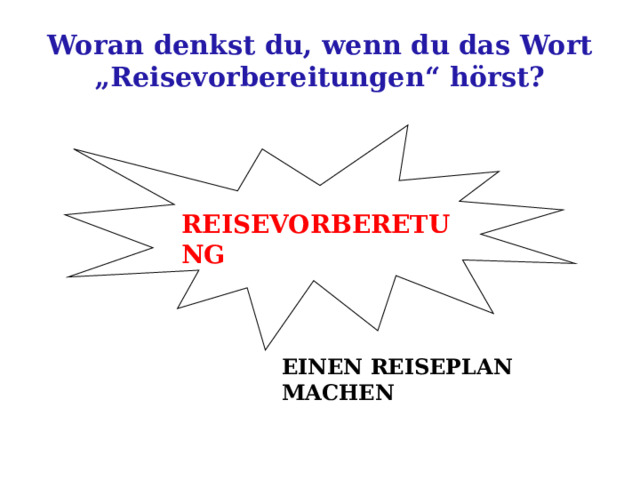 Woran denkst du, wenn du das Wort „Reisevorbereitungen“ hörst? REISEVORBERETUNG EINEN REISEPLAN MACHEN 