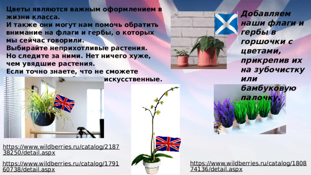 Цветы являются важным оформлением в жизни класса. И также они могут нам помочь обратить внимание на флаги и гербы, о которых мы сейчас говорили. Выбирайте неприхотливые растения. Но следите за ними. Нет ничего хуже, чем увядшие растения. Если точно знаете, что не сможете ухаживать - приобретите искусственные. Их сейчас много. Добавляем наши флаги и гербы в горшочки с цветами, прикрепив их на зубочистку или бамбуковую палочку. https://www.wildberries.ru/catalog/218738250/detail.aspx  https://www.wildberries.ru/catalog/180874136/detail.aspx  https://www.wildberries.ru/catalog/179160738/detail.aspx  