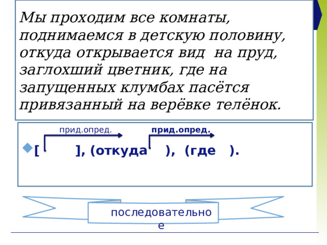 Мы проходим все комнаты, поднимаемся в детскую половину, откуда открывается вид на пруд, заглохший цветник, где на запущенных клумбах пасётся привязанный на верёвке телёнок. прид.опред. прид.опред.   [ ], (откуда ), (где ). последовательное 