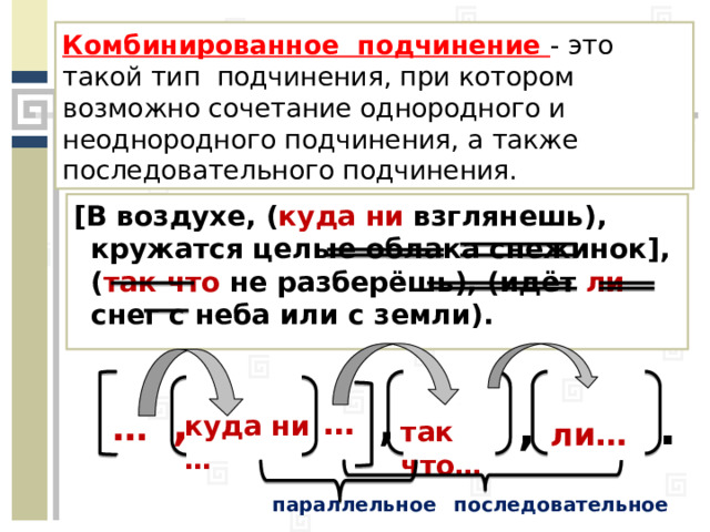 Комбинированное подчинение - это такой тип подчинения, при котором возможно сочетание однородного и неоднородного подчинения, а также последовательного подчинения. [В воздухе,  ( куда ни взглянешь), кружатся целые облака снежинок], ( так что не разберёшь), (идёт ли снег с неба или с земли). , . , … , … куда ни … ли…  так что…  последовательное параллельное 