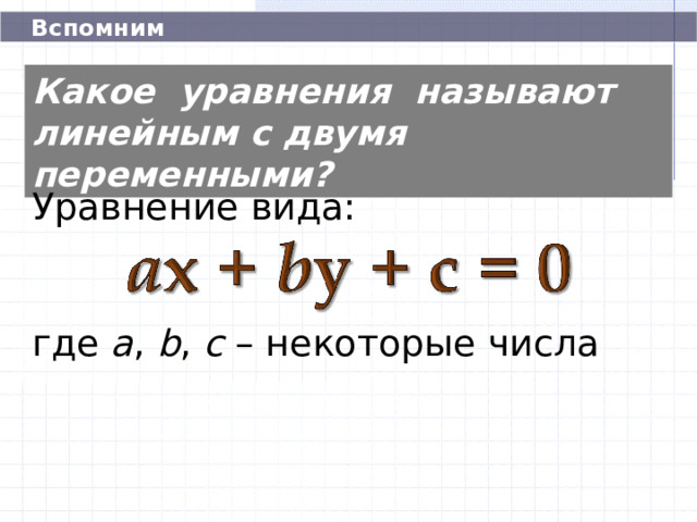  Вспомним Какое уравнения называют линейным с двумя переменными? Уравнение вида: где а , b , c – некоторые числа 