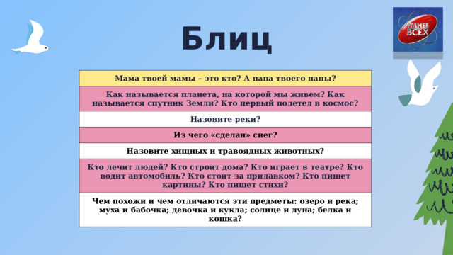 Блиц Мама твоей мамы – это кто? А папа твоего папы? Как называется планета, на которой мы живем? Как называется спутник Земли? Кто первый полетел в космос? Назовите реки? Из чего «сделан» снег? Назовите хищных и травоядных животных? Кто лечит людей? Кто строит дома? Кто играет в театре? Кто водит автомобиль? Кто стоит за прилавком? Кто пишет картины? Кто пишет стихи? Чем похожи и чем отличаются эти предметы: озеро и река; муха и бабочка; девочка и кукла; солнце и луна; белка и кошка? 