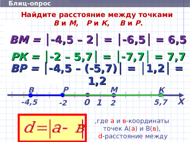  Блиц-опрос Найдите расстояние между точками   В и М , Р и К , В и Р . ВМ = │-4,5 – 2│ = │-6,5│ = 6,5 РК = │-2 – 5,7│ = │-7,7│ = 7,7 ВР = │-4,5 – (-5,7)│ = │1,2│ = 1,2 Р М К В  Х 0 1 -4,5 5,7 2 -2 ,где а и в -координаты точек А( а ) и В( в ),  d -расстояние между точками. 3 
