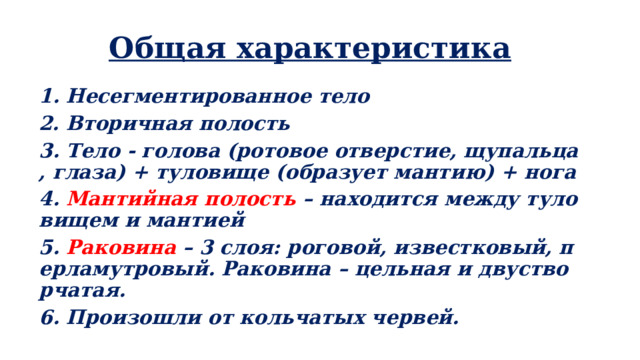Общая характеристика 1. Несегментированное тело 2. Вторичная полость 3. Тело - голова (ротовое отверстие, щупальца, глаза) + туловище (образует мантию) + нога 4. Мантийная полость – находится между туловищем и мантией 5. Раковина – 3 слоя: роговой, известковый, перламутровый. Раковина – цельная и двустворчатая. 6. Произошли от кольчатых червей.  